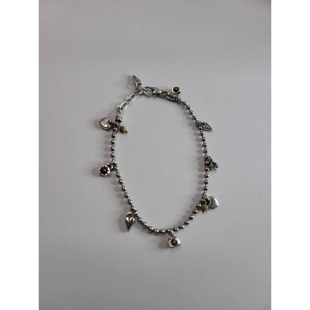 Silver Tone Heart Charm Anklet Brown Bead Boho Adjustable Jewelry